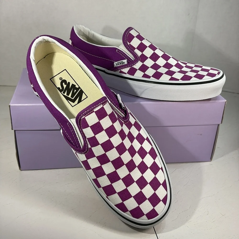 Vans Violet and White Checkered Slip-Ons Women’s 8.5